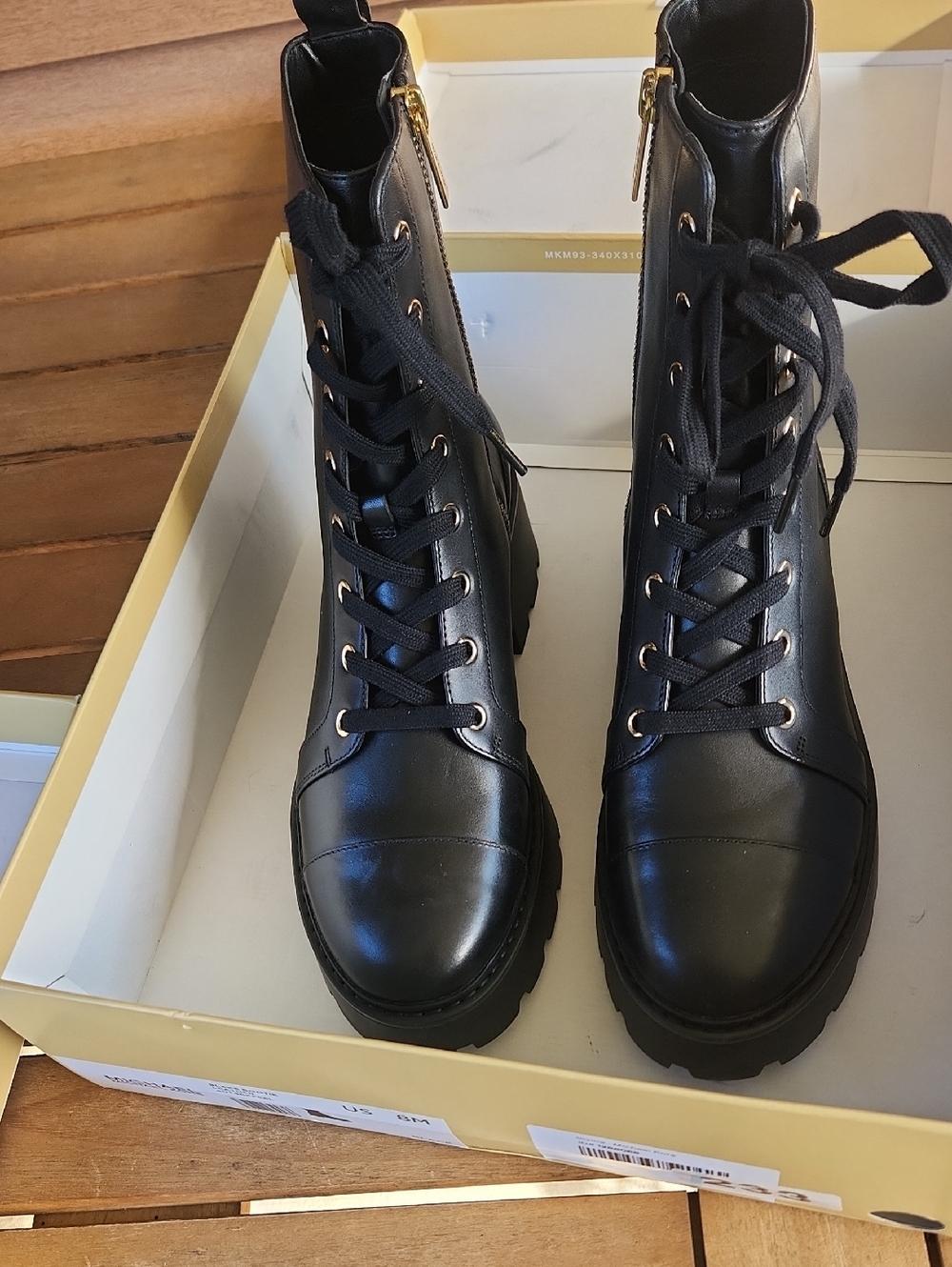 Michael Kors Black Leather Lug-Sole Combat Boots - Picture 3 of 6